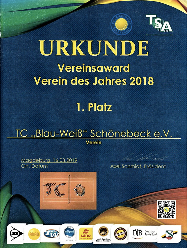 Die Urkunde für den 1. Platz beim Vereinsaward 2018
